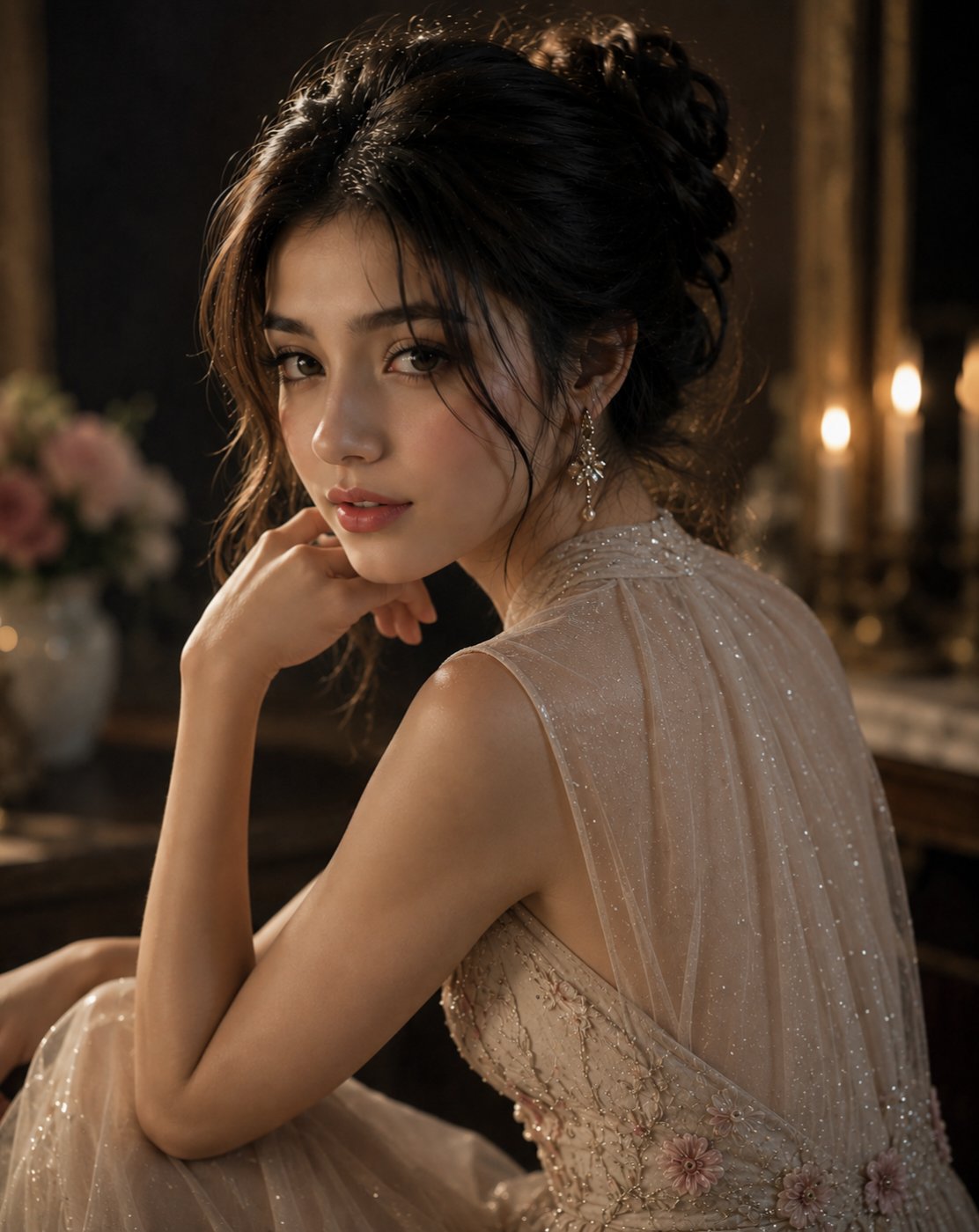 A stunning portrait of an elegant woman captured in a soft, 