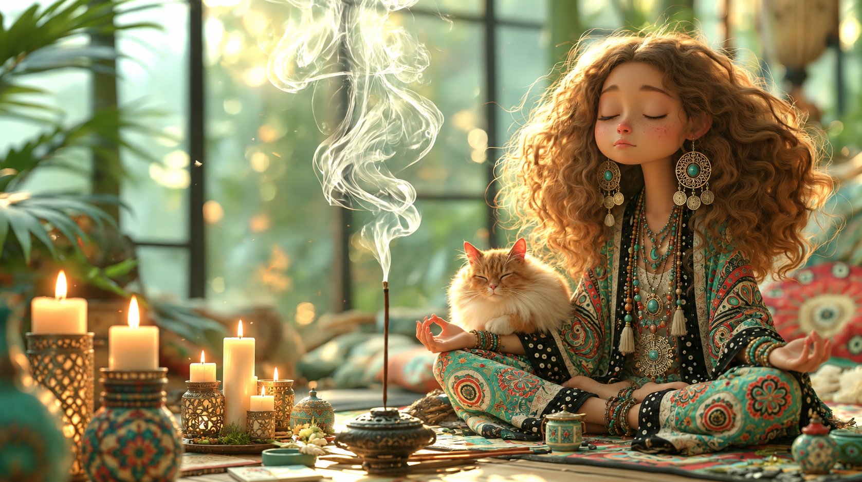young bohemian woman meditating cross-legged with a fluffy g