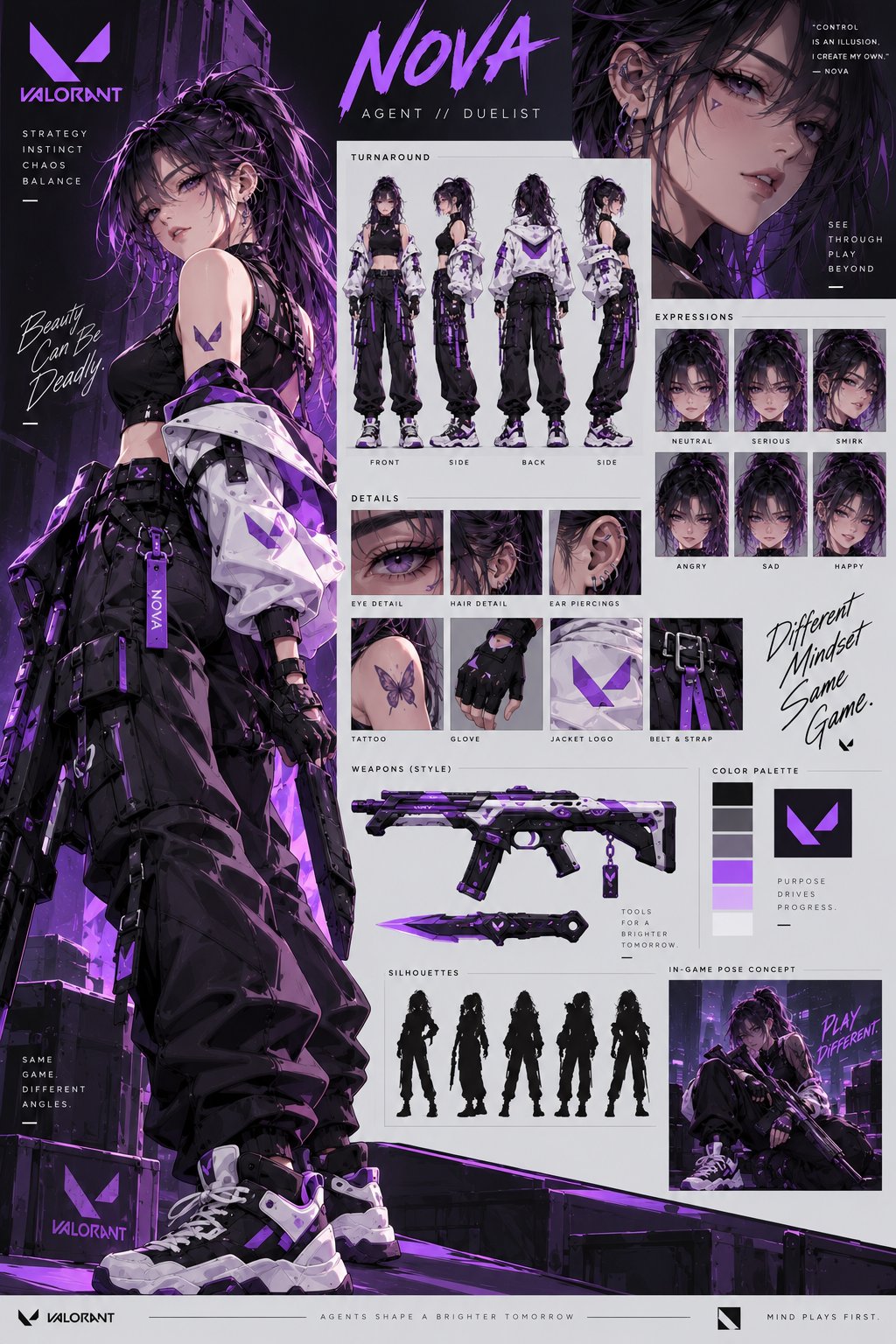 Create a premium VALORANT-inspired female agent character re