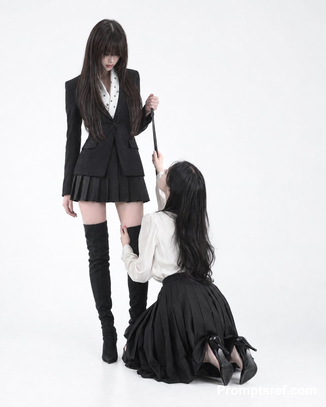 High-key minimalist studio fashion photography of two young