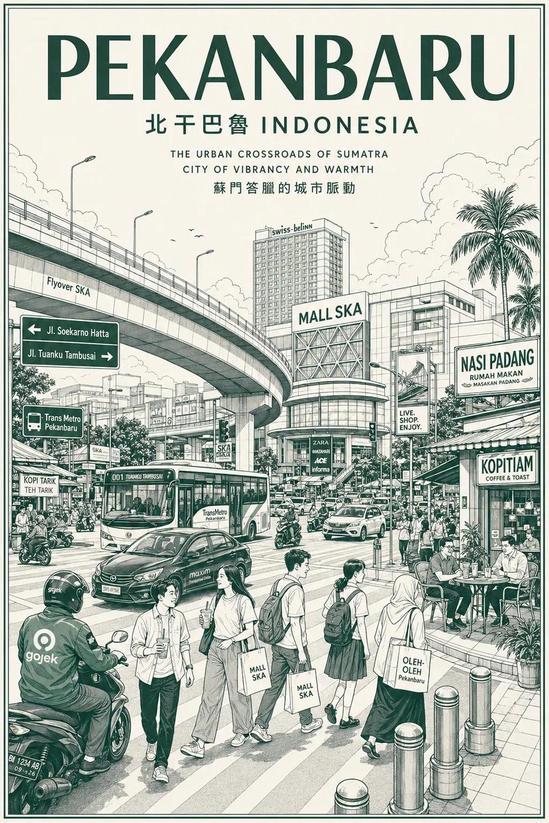 Vintage monochrome city travel poster illustration, detailed