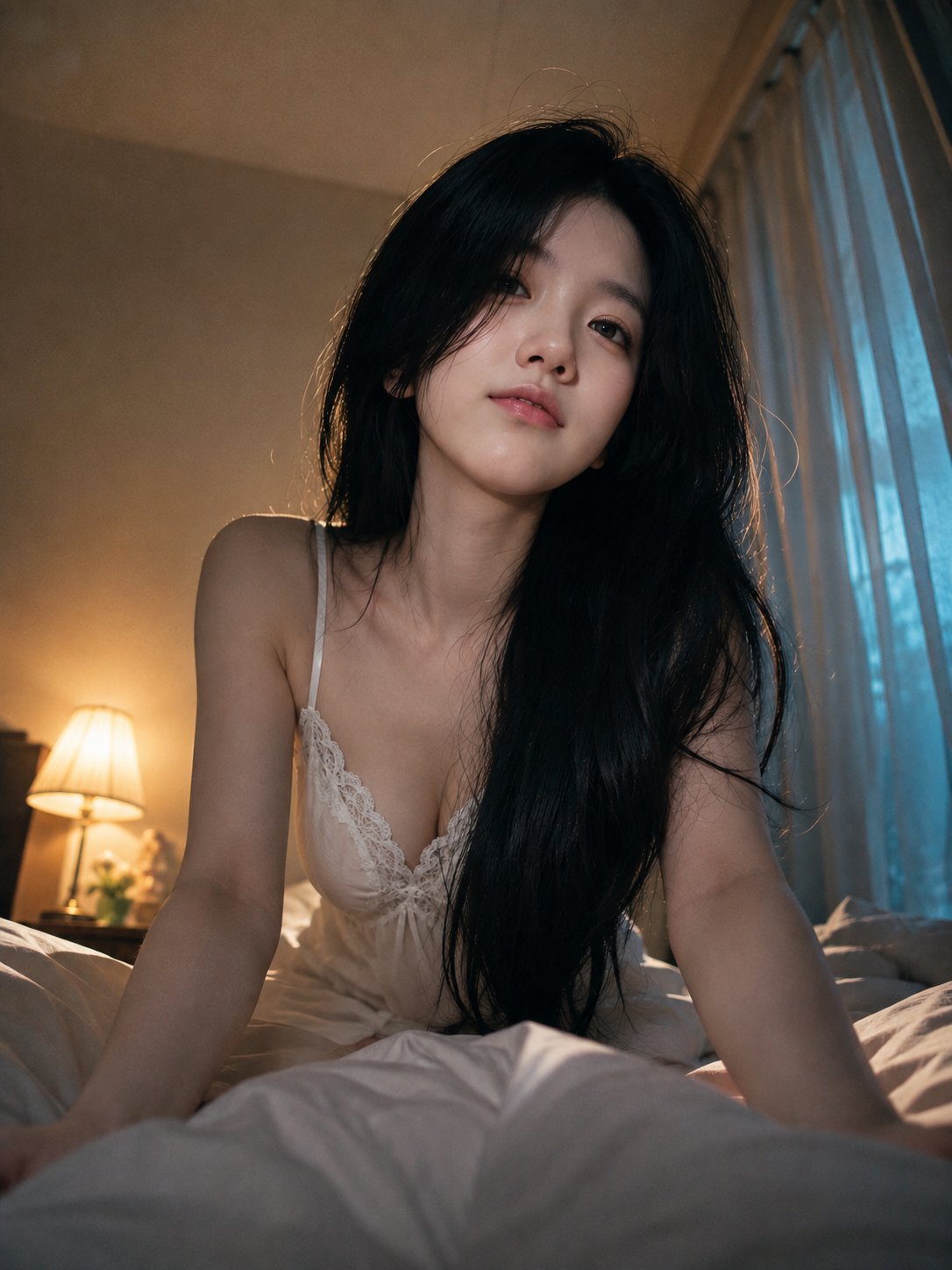 电影感单人写真,成年东亚女性,长黑发,穿白色蕾丝细肩带睡裙,佩戴红色半透明薄纱眼罩和黑色宽版颈饰。