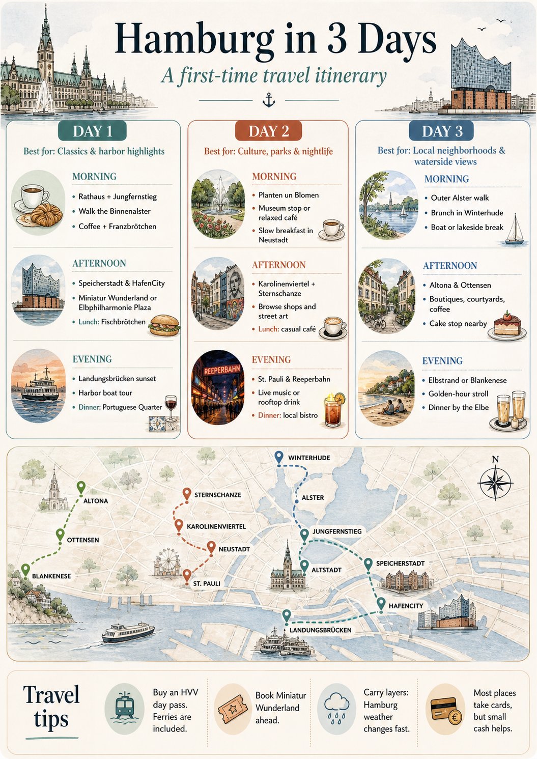 Create a beautiful 3-day travel itinerary visual for a first