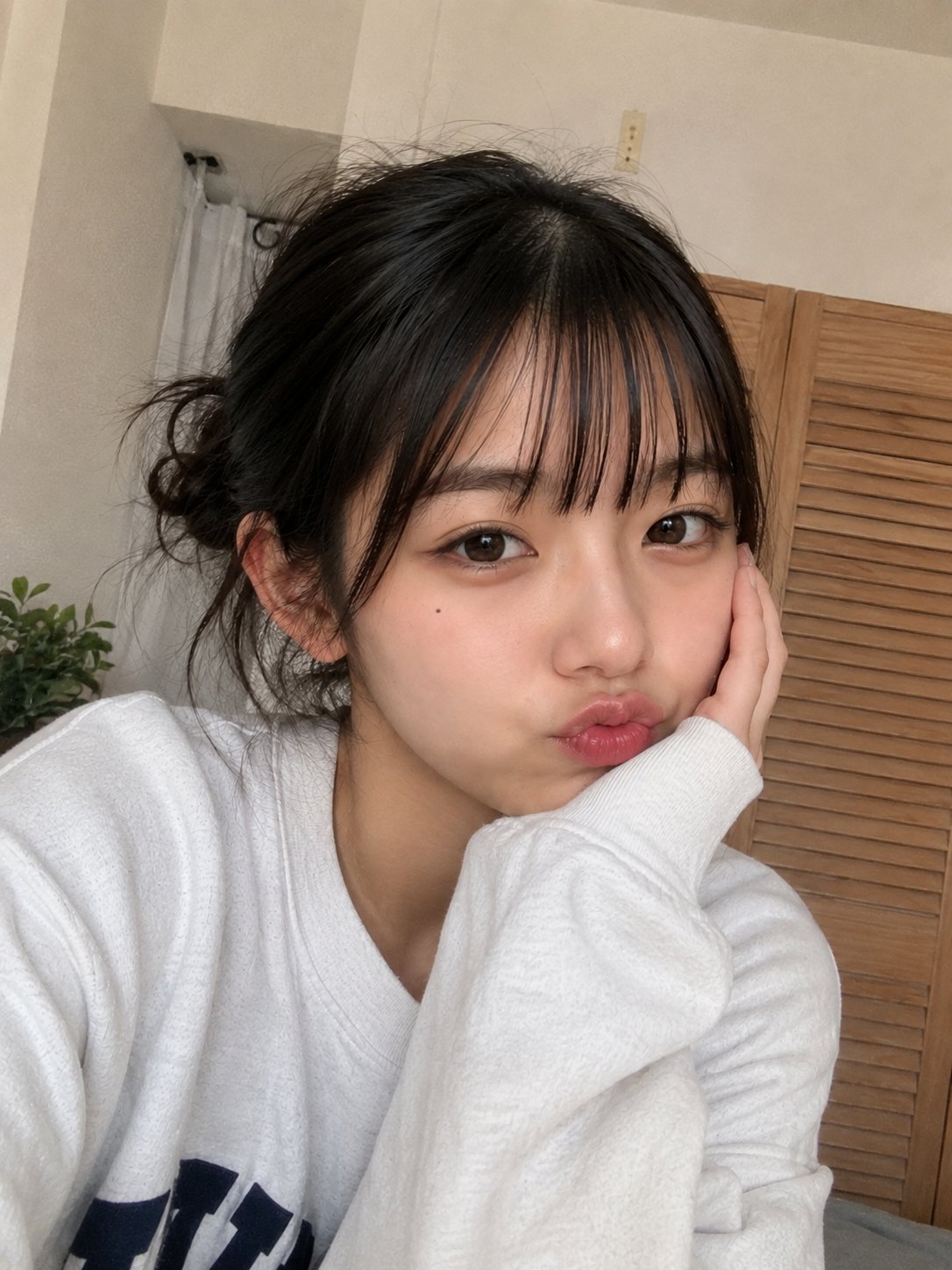 A photorealistic close-up smartphone selfie of a young Japan