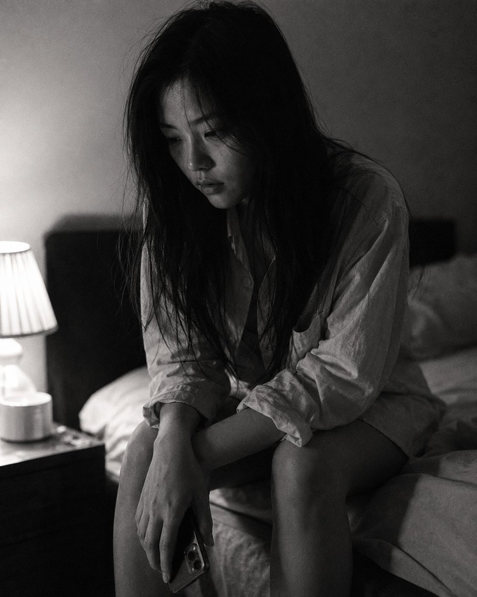 Close-up portrait, 85mm f/1.4, young East Asian woman at edg