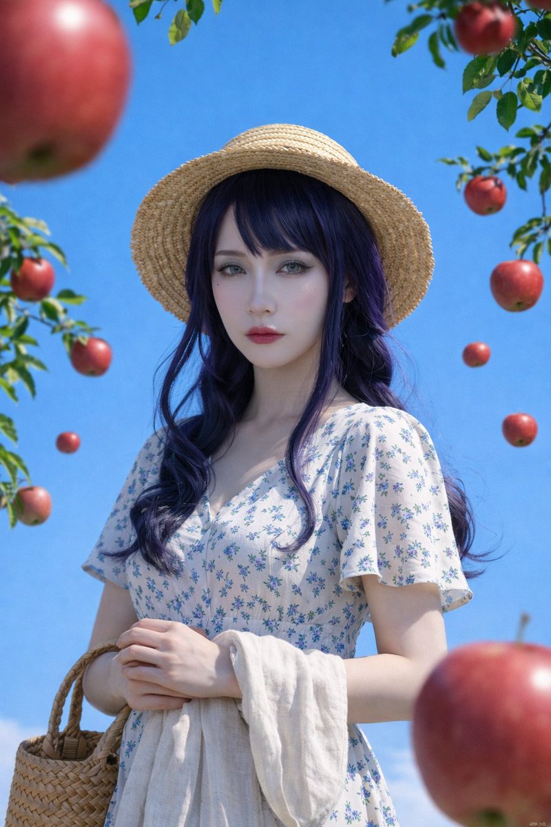 风格基调:真实商业摄影 × 田园悬浮水果创意 × 参考图人物锚定 (Real Commercial Photograph