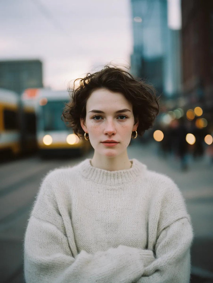 Cinematic, intimate portrait of a young woman with short dar