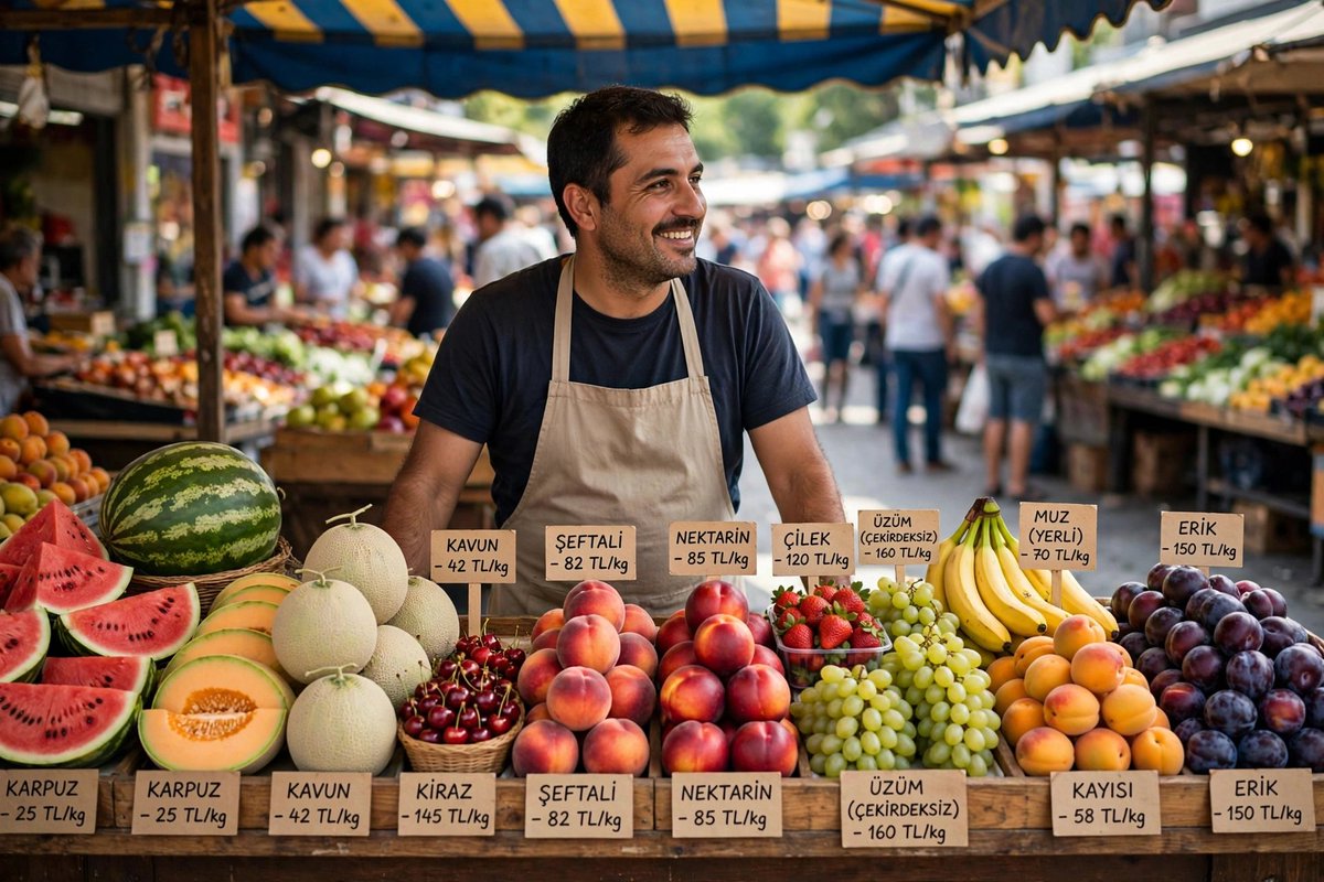 Türkiye'den bir fotoğraf oluştur. Bir pazar'da tezgahta meyv