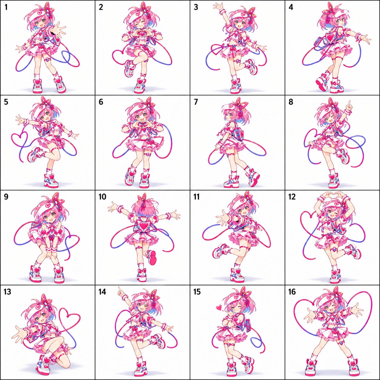Create a 4×4 dance pose sheet featuring the character in the