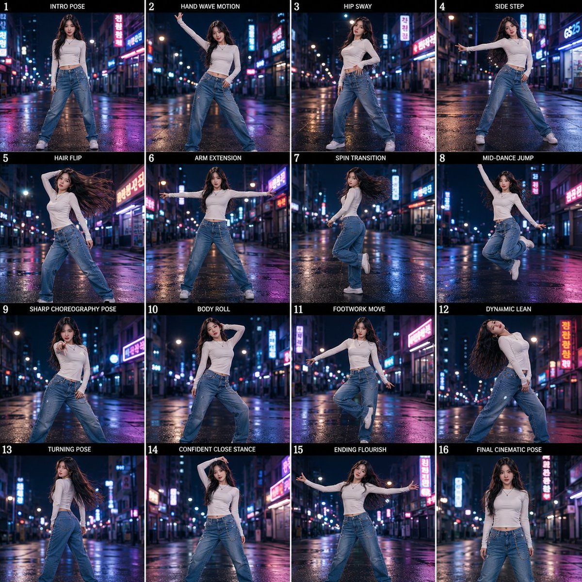Create a high-detail 16-frame sequence sheet featuring a bea
