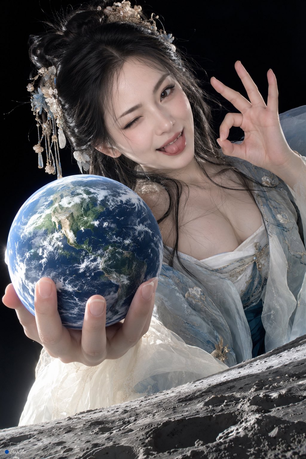 真实东方汉服女性 × 行星级真人放大 × 手托🌍 × 😜👌 × 月球视角CCD相机抓拍 × 黑色宇宙背景