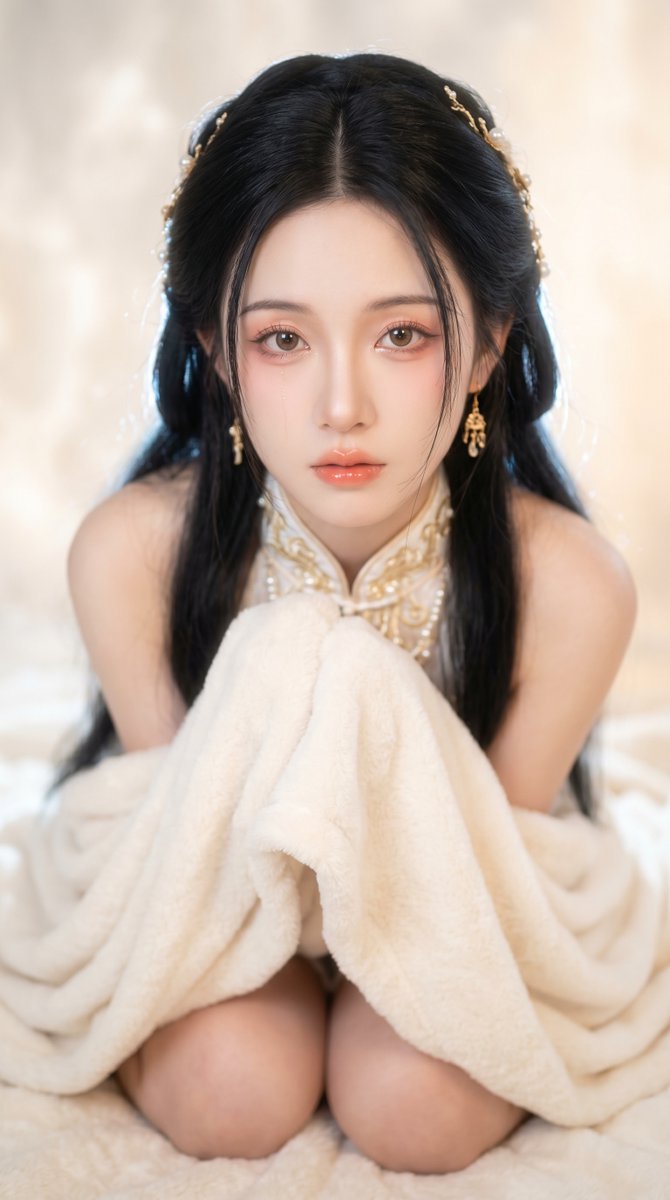 超高质感,半写实,东方仙侠女性,跪坐在柔软毯子上,9:16竖构图,正面近景人像,人物居中但不是机械对称,脸部与上半身占据