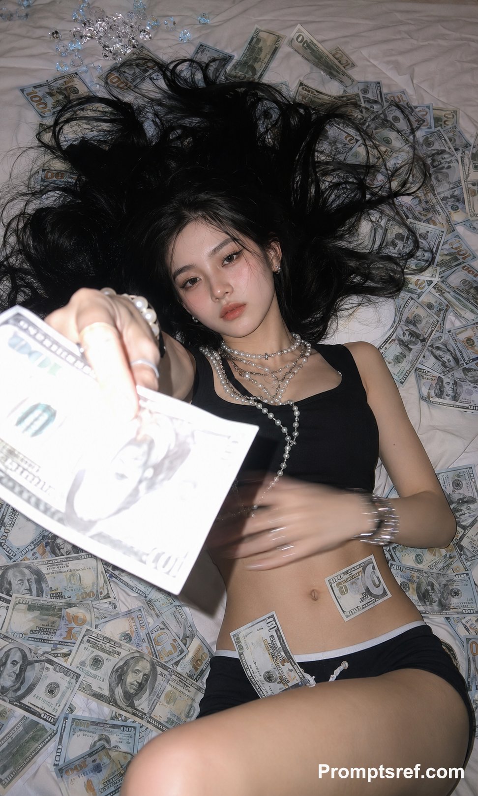 create a striking Y2K direct-flash / money-bed editorial por