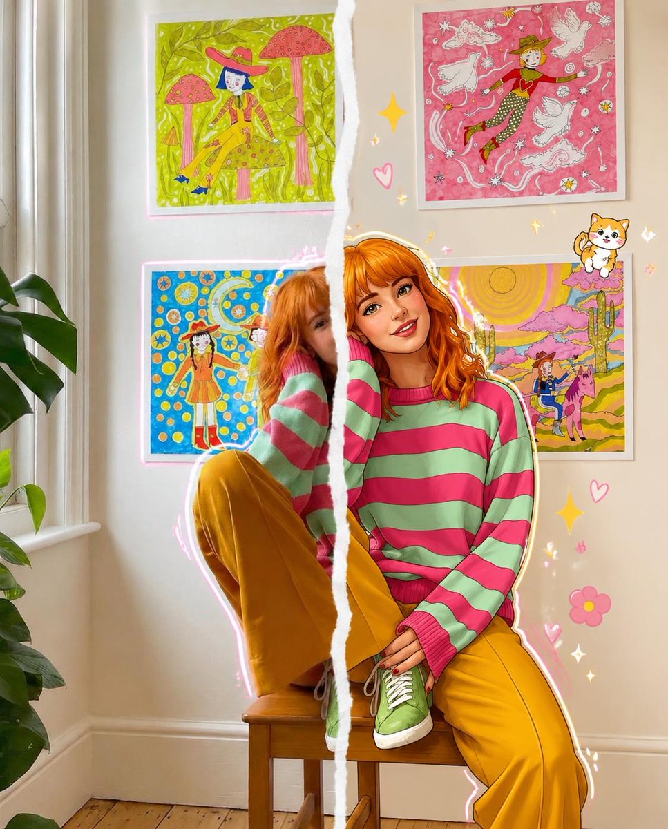 A split-screen "Real Life vs Illustrated World" portrait wit