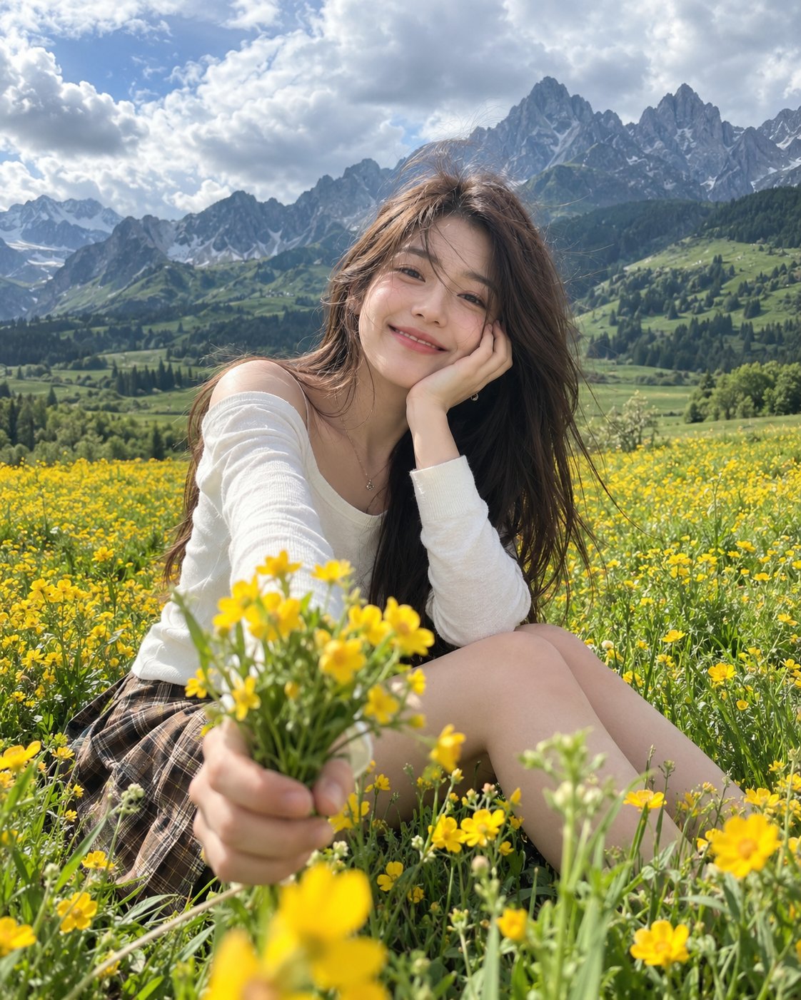A photorealistic cinematic portrait of a young woman sitting