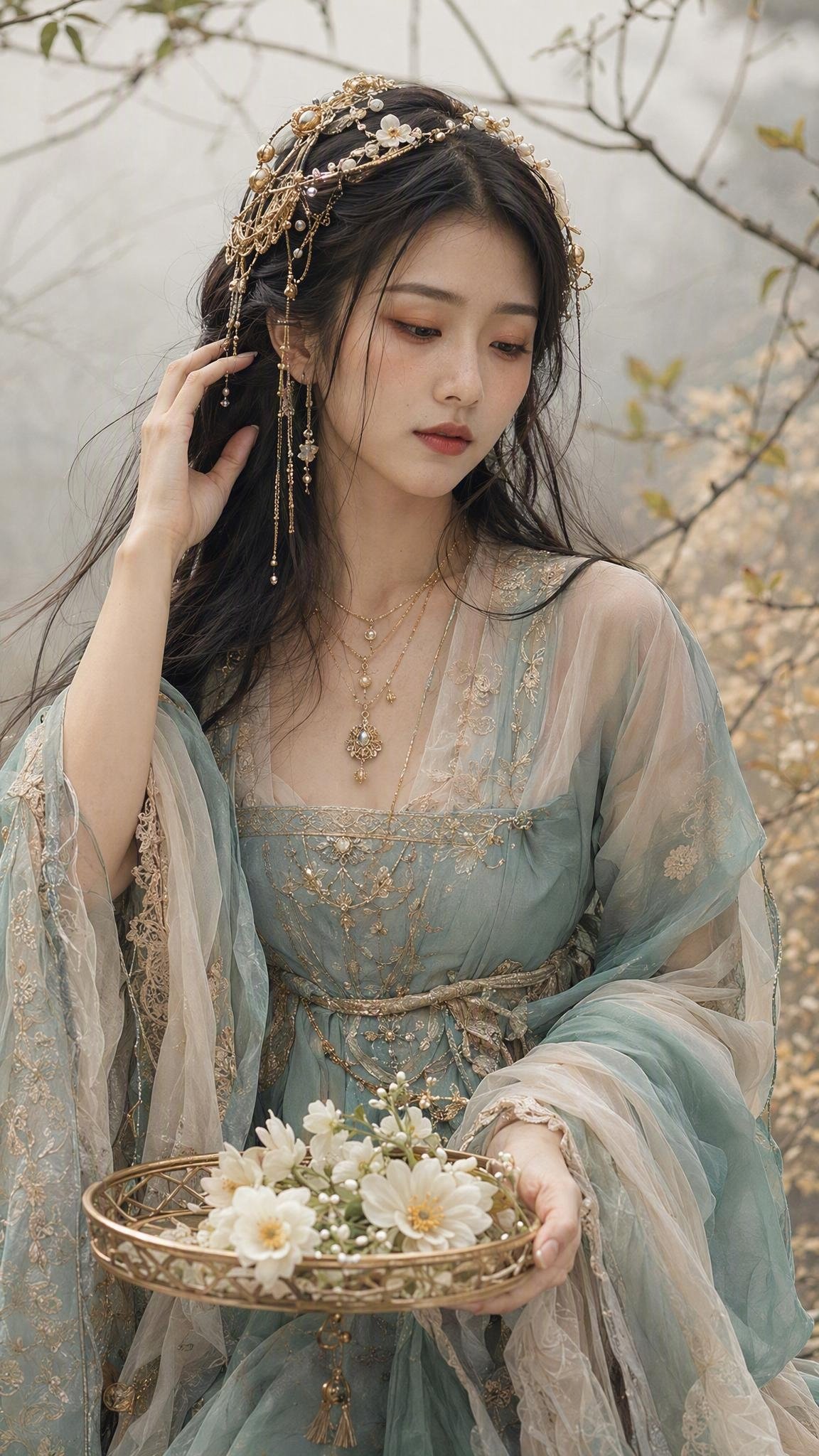 Beautiful woman in a misty minimalist nature setting with th