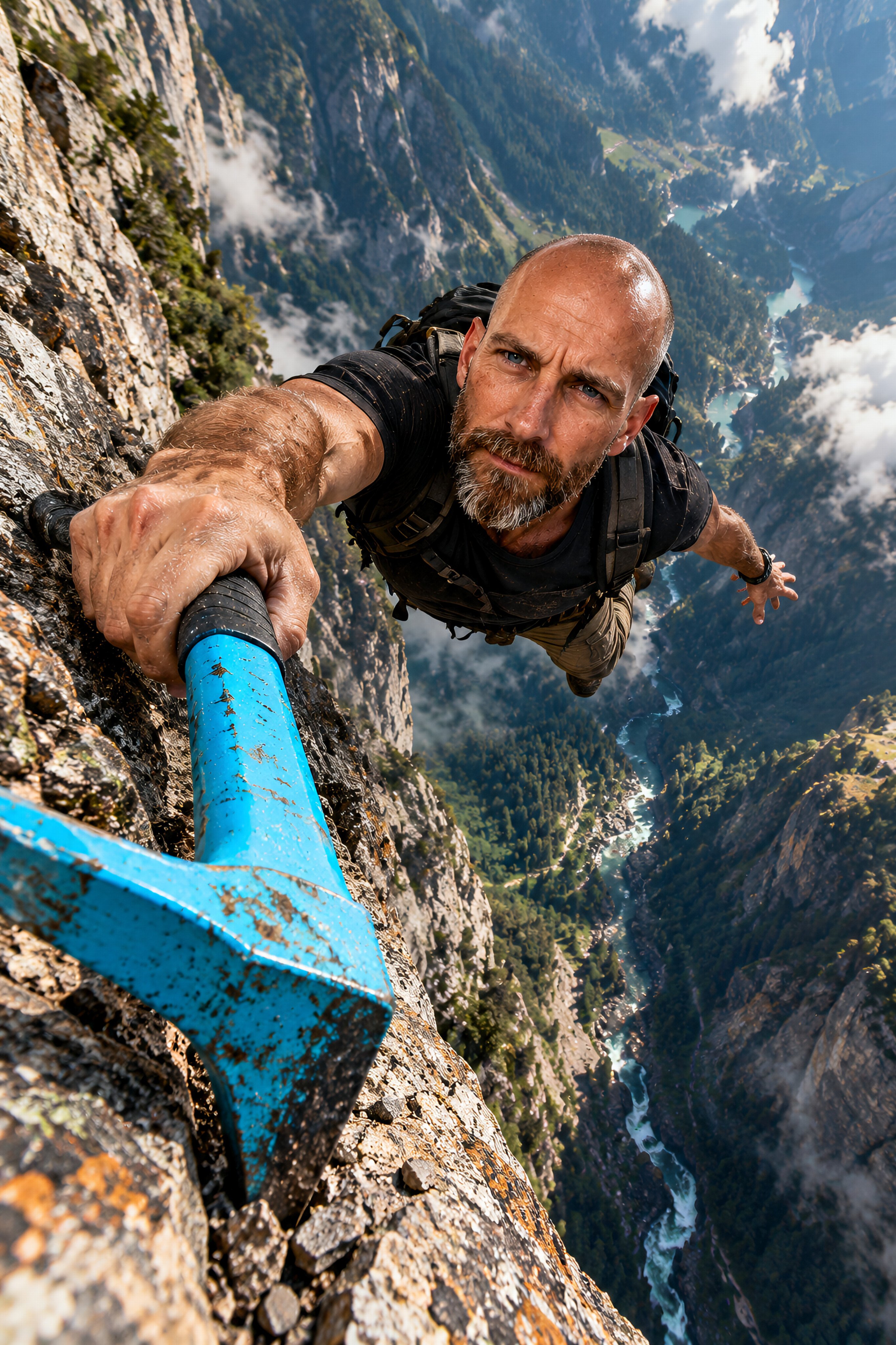 Extreme over-the-edge cliff perspective, ultra-wide lens, ca