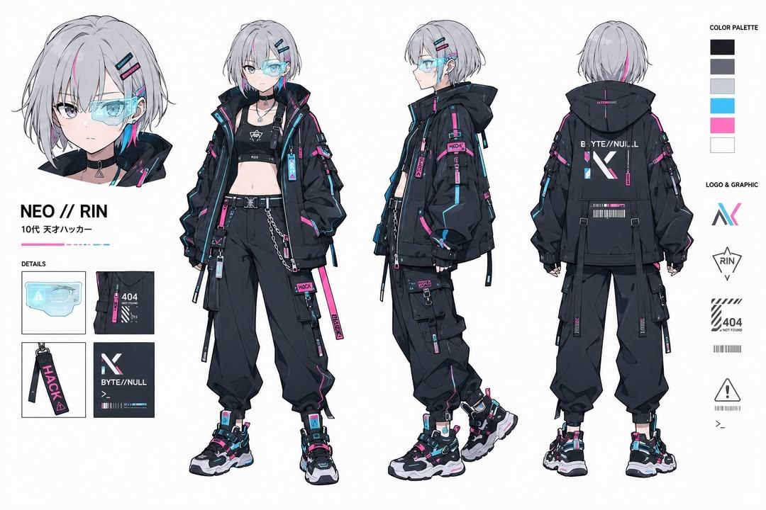 Ultra-detailed cyberpunk anime character design sheet of a t