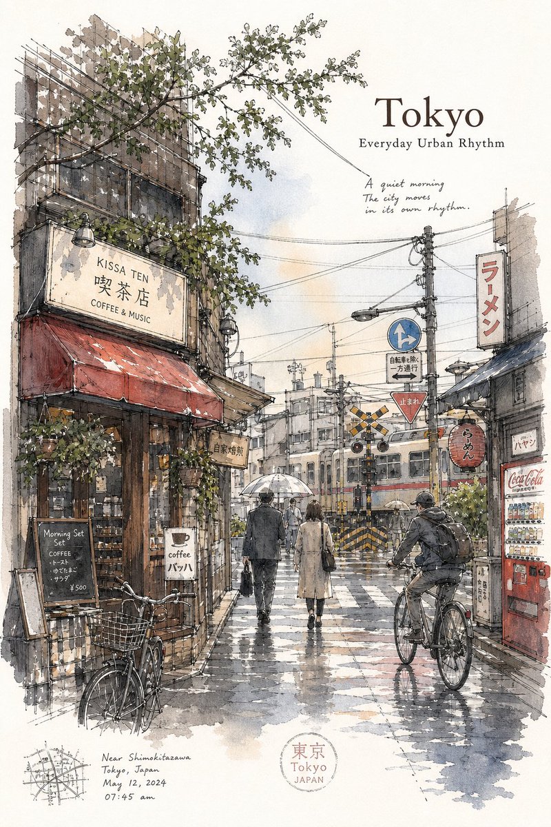 Tokyo minimalist urban travel sketch poster, drawn like a re