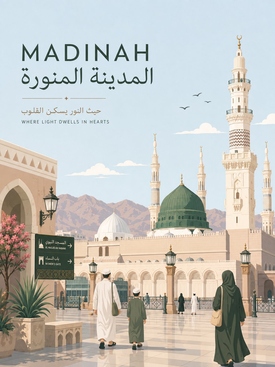 Premium minimalist flat-vector travel poster for Madinah, Sa