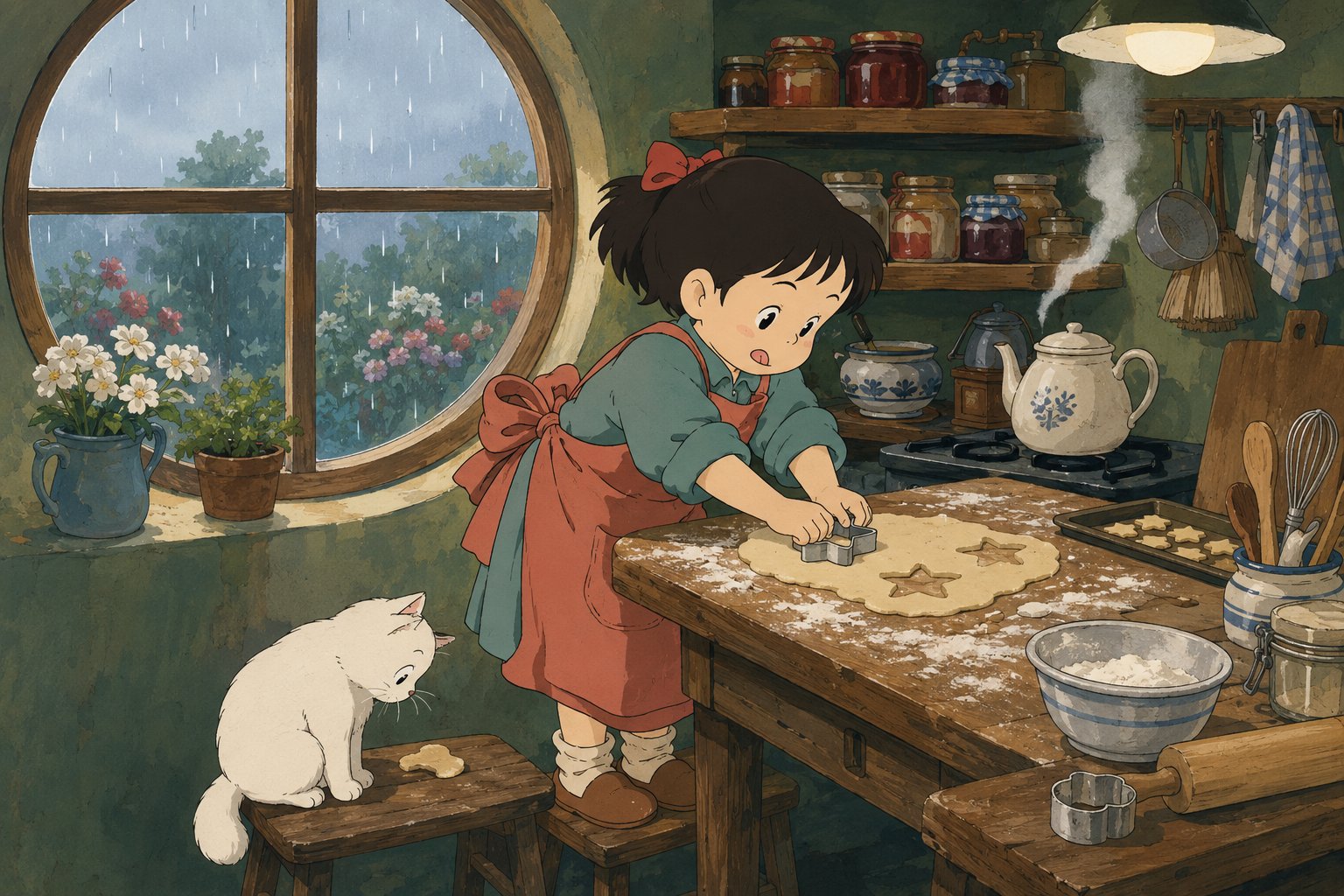 **SCENE:** A snug home kitchen on a rainy afternoon, with a