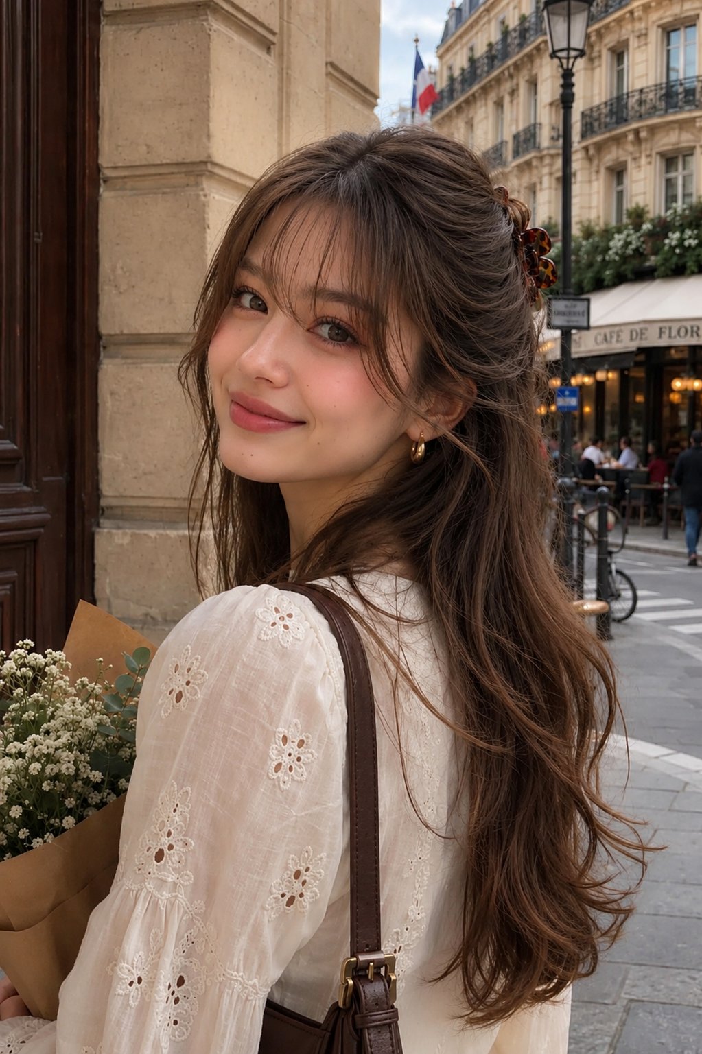 Photorealistic Paris street portrait, young woman looking ba