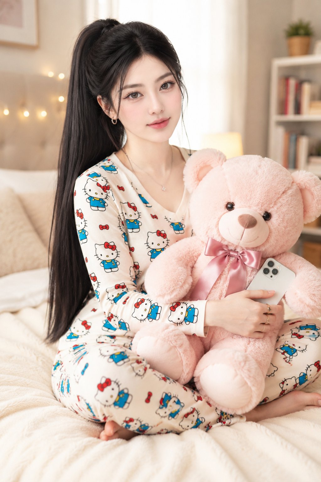 Created a beautiful young Korean woman sitting cross-legged