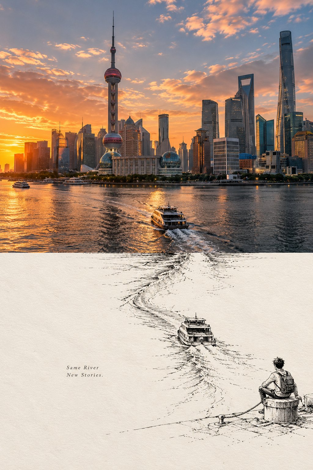 Create a premium 2:3 vertical “Photo × Line Art” travel edit