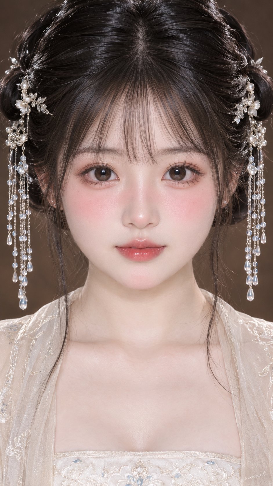 9:16竖幅，    东方年轻女性正面肖像，专业人像摄影棚单反相机标准正面近景特写照，镜头平视水平正对人物面庞，构图绝对