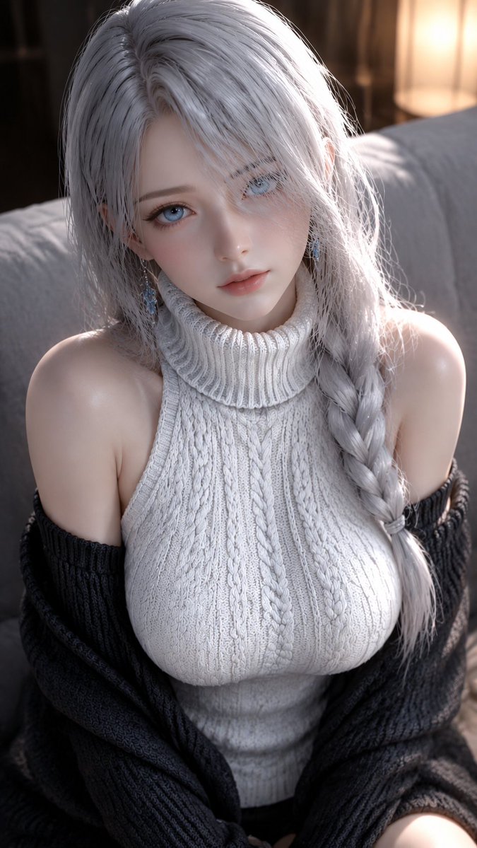 一位成年东方幻想系女性角色,3D CG风格,近景半身人像构图,人物坐在柔软沙发上,镜头从略高角度俯拍,人物微微前倾看向镜