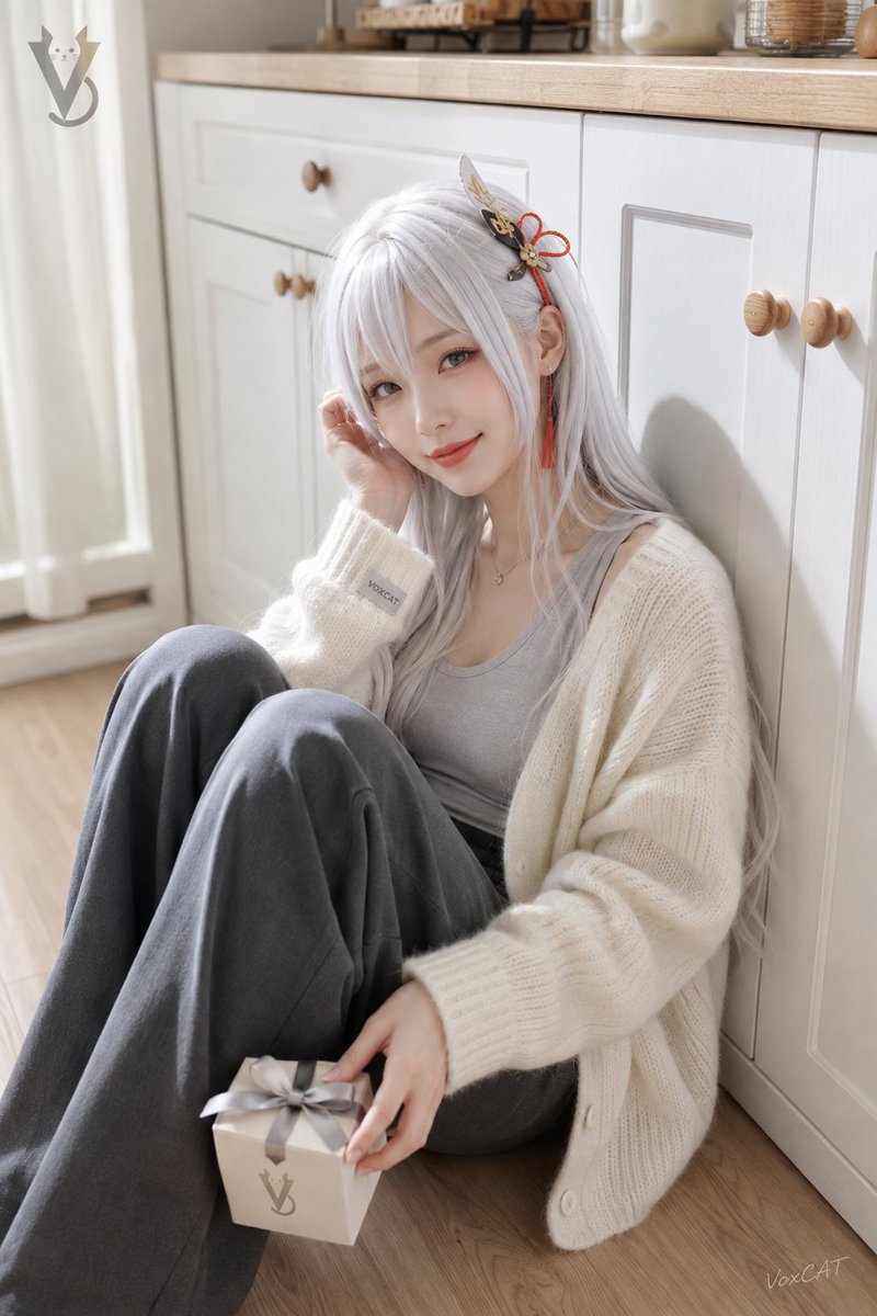 一张温柔清新的室内生活感人像摄影，以一位成年东亚女性为主体。人物坐在明亮居家厨房的浅色木地板上，身体自然倚靠白色橱柜，双
