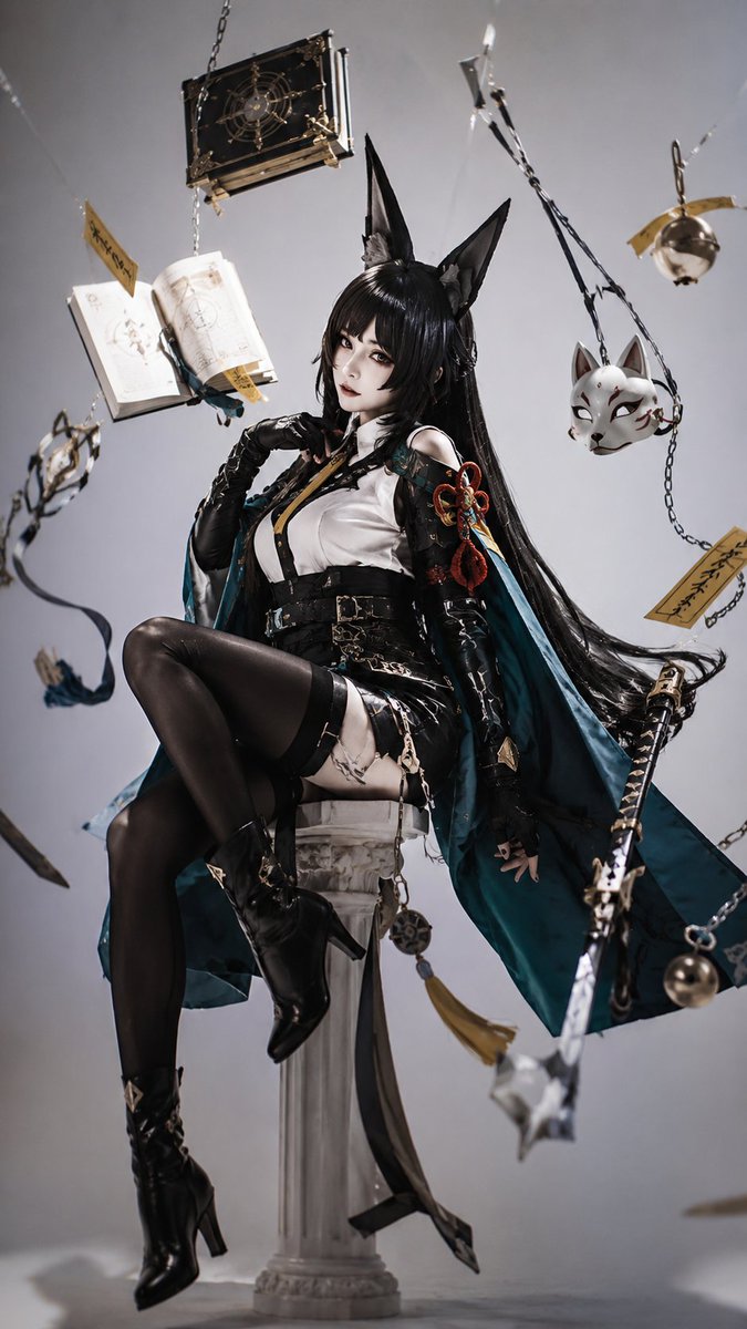 【角色】，成年角色真人 COS，真实摄影质感，保留角色核心识别点，包括发色、瞳色、发型、服装主配色、武器、饰品、能力属性