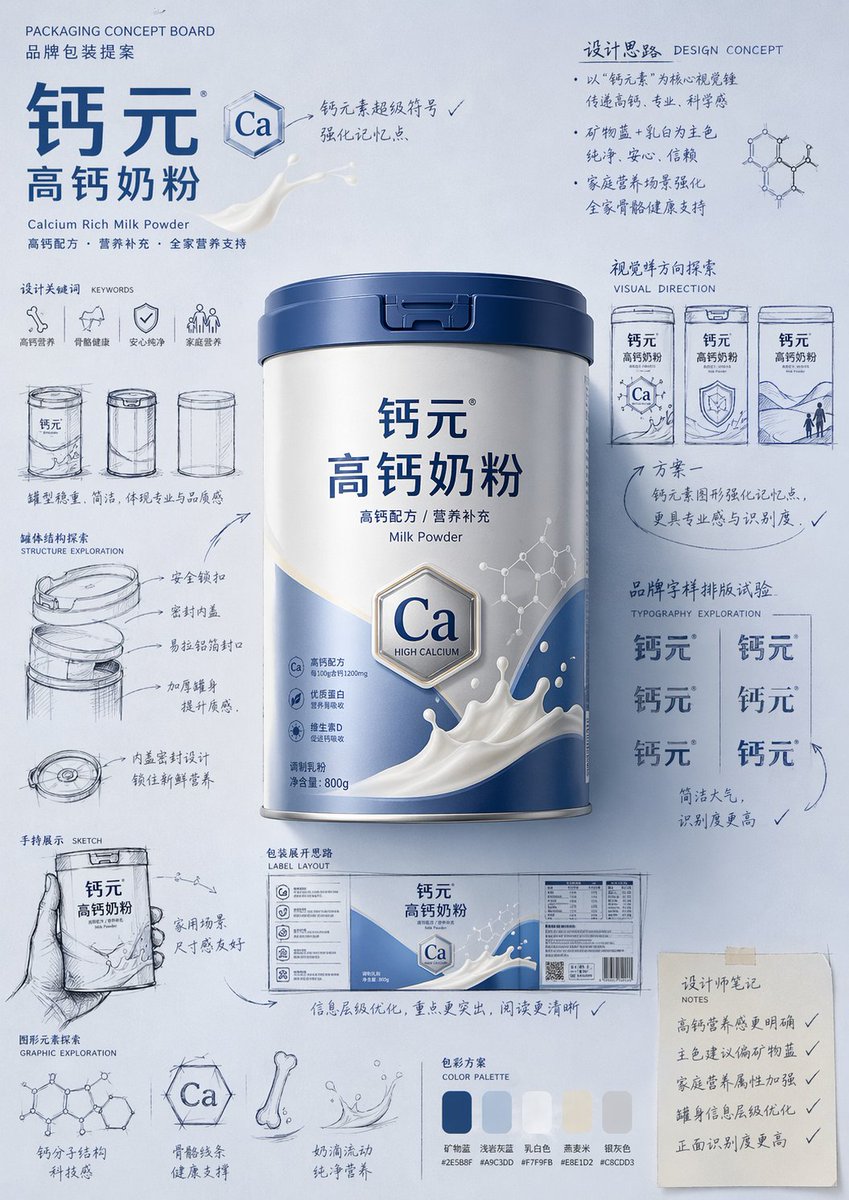 请为【产品名称】生成一张“手绘包装提案板风格”的产品介绍海报。 