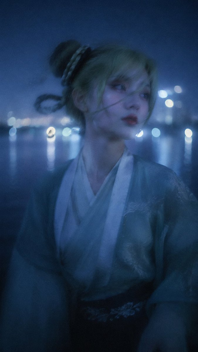 蓝调夜景梦核摄影风格，整体冷蓝色调、低对比、低饱和；画面刻意轻微失焦与柔焦扩散（soft focus / diffusi