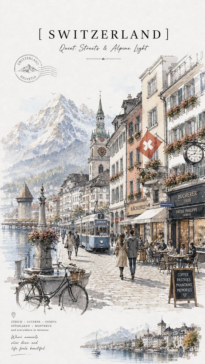 Elegant watercolor travel poster of Switzerland, dreamy Euro