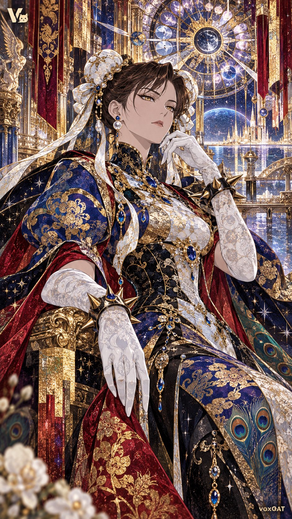 {角色},Gankutsuou《巖窟王》动画画风,未来贵族角色海报,9:16。保留角色核心发型、代表色与配饰,转译为华丽