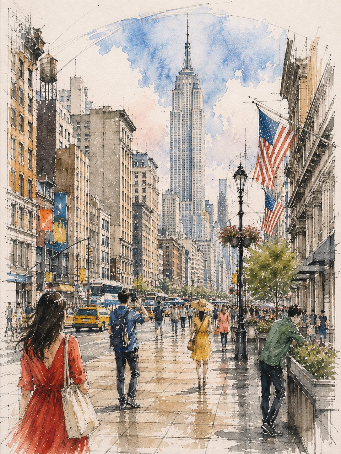 Watercolor and pen sketch of Shanghai, Seoul ,New York and I