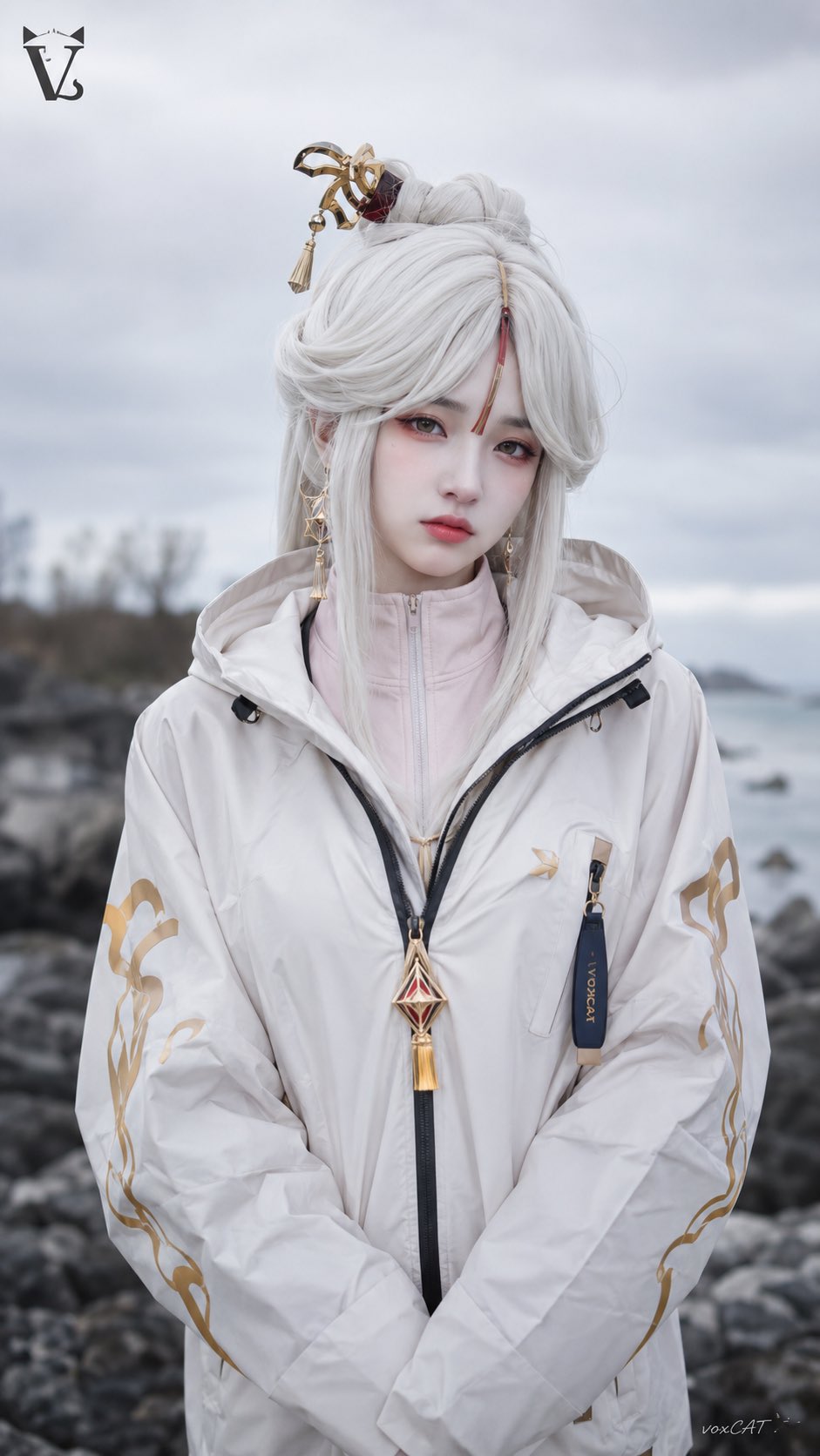 年轻成年女性,冷调户外少女写真,日系阴天人像,韩系冷白精修感,盘发,中分刘海,小巧精致脸型,冷白柔化肤色,淡粉眼下,水润