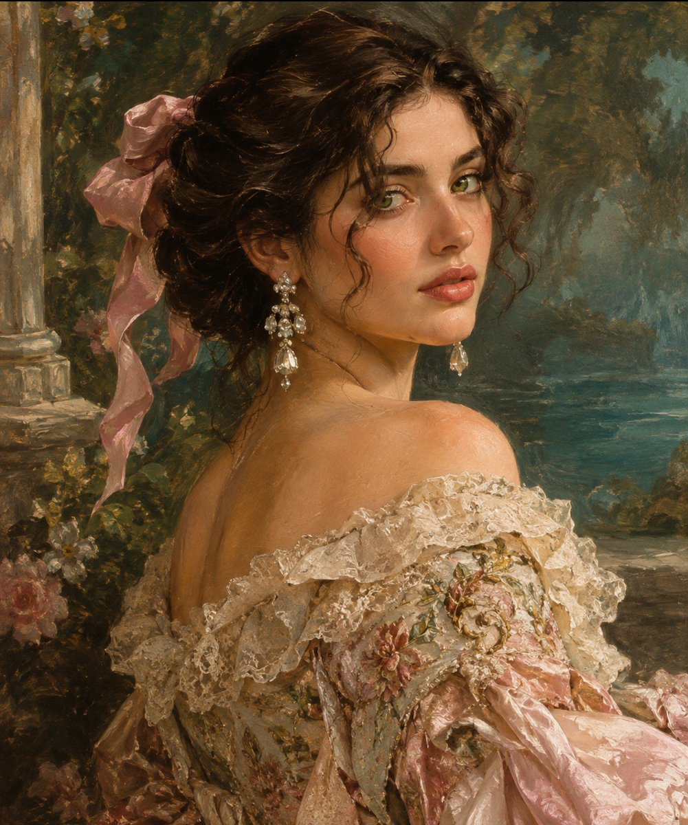 A classical oil painting portrait of a beautiful young woman
