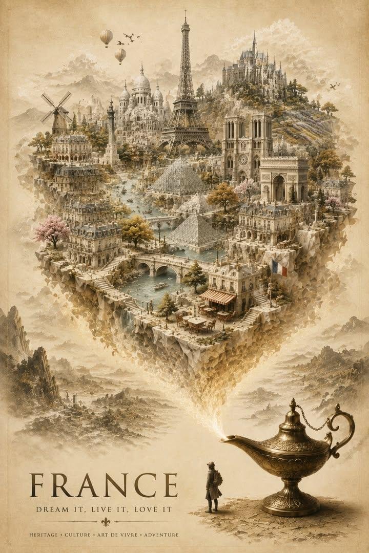 Create an elegant, premium travel poster featuring a magical