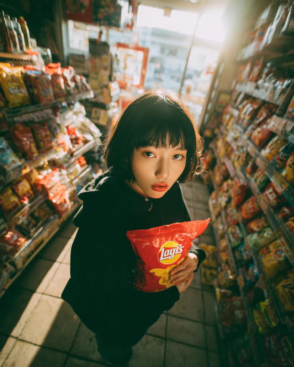 A young girl inside a convenience store, top-down angle shot