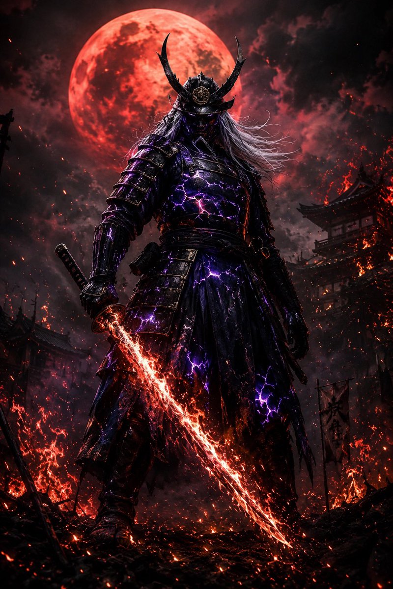 Ancient Japanese samurai warlord standing under burning red