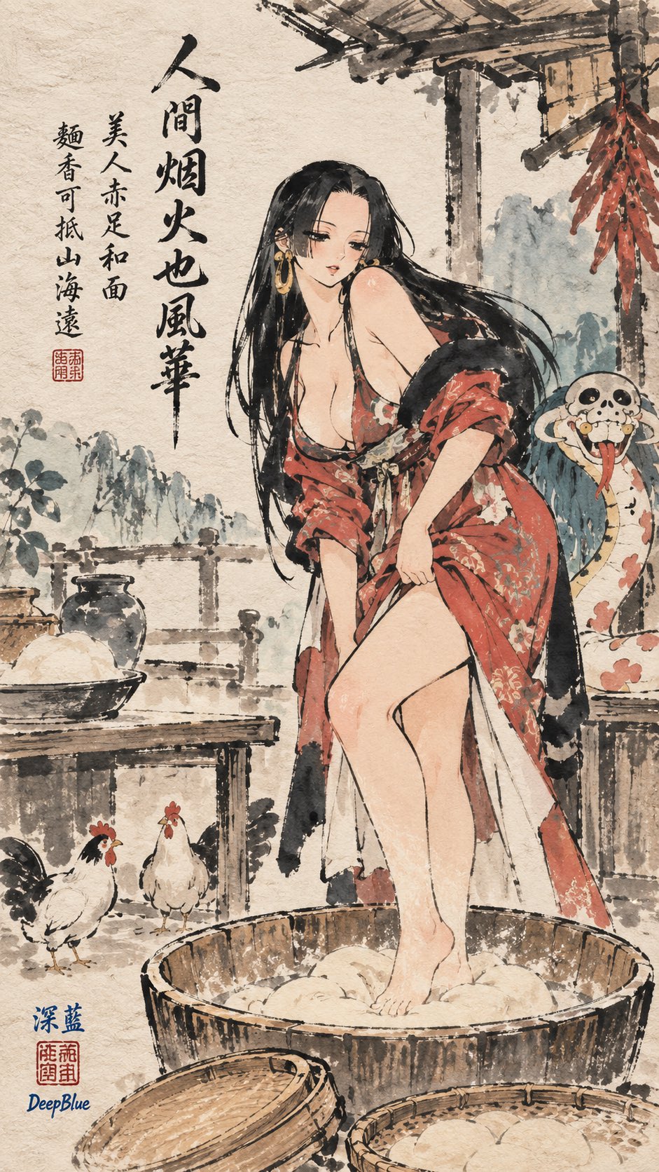 豐子愷水墨漫畫 × 【主題】 × 題詩落款 × 宣紙肌理 × 左下深藍色篆刻方印：「深藍」上、「DeepBlue」下