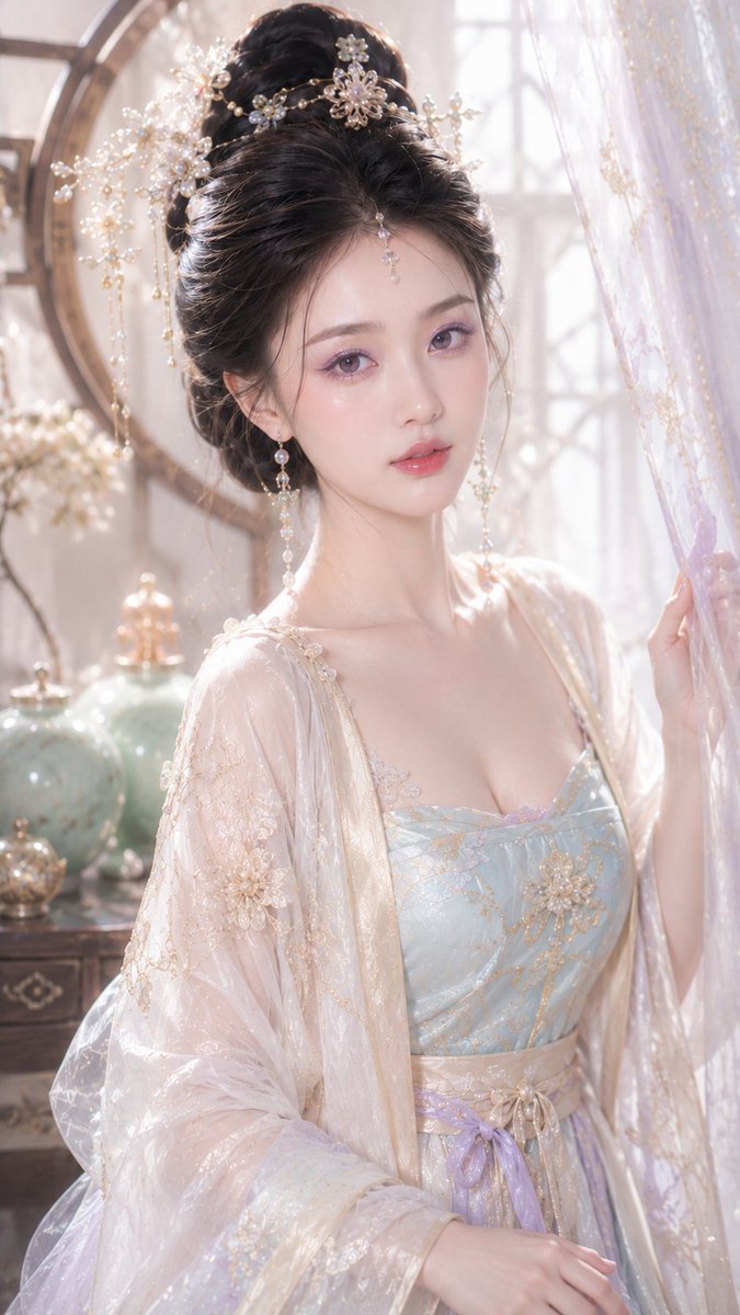 - 淡紫玫瑰棕眼影、卧蚕珠光、浅玫瑰玻璃唇，这些细节一旦立住，人物就会有那种很轻、很润、很贵的感觉。