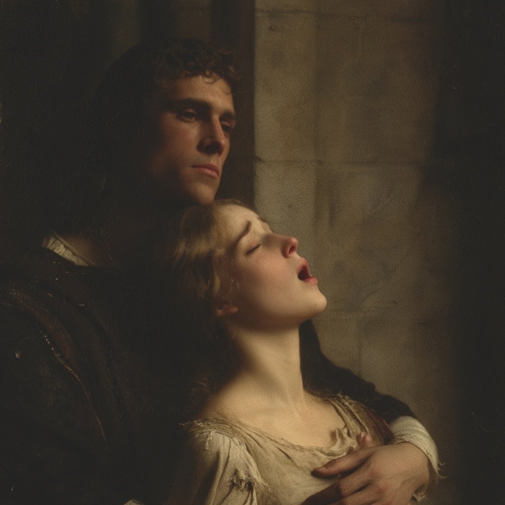 "A melancholic medieval young woman with a soft, sorrowful g