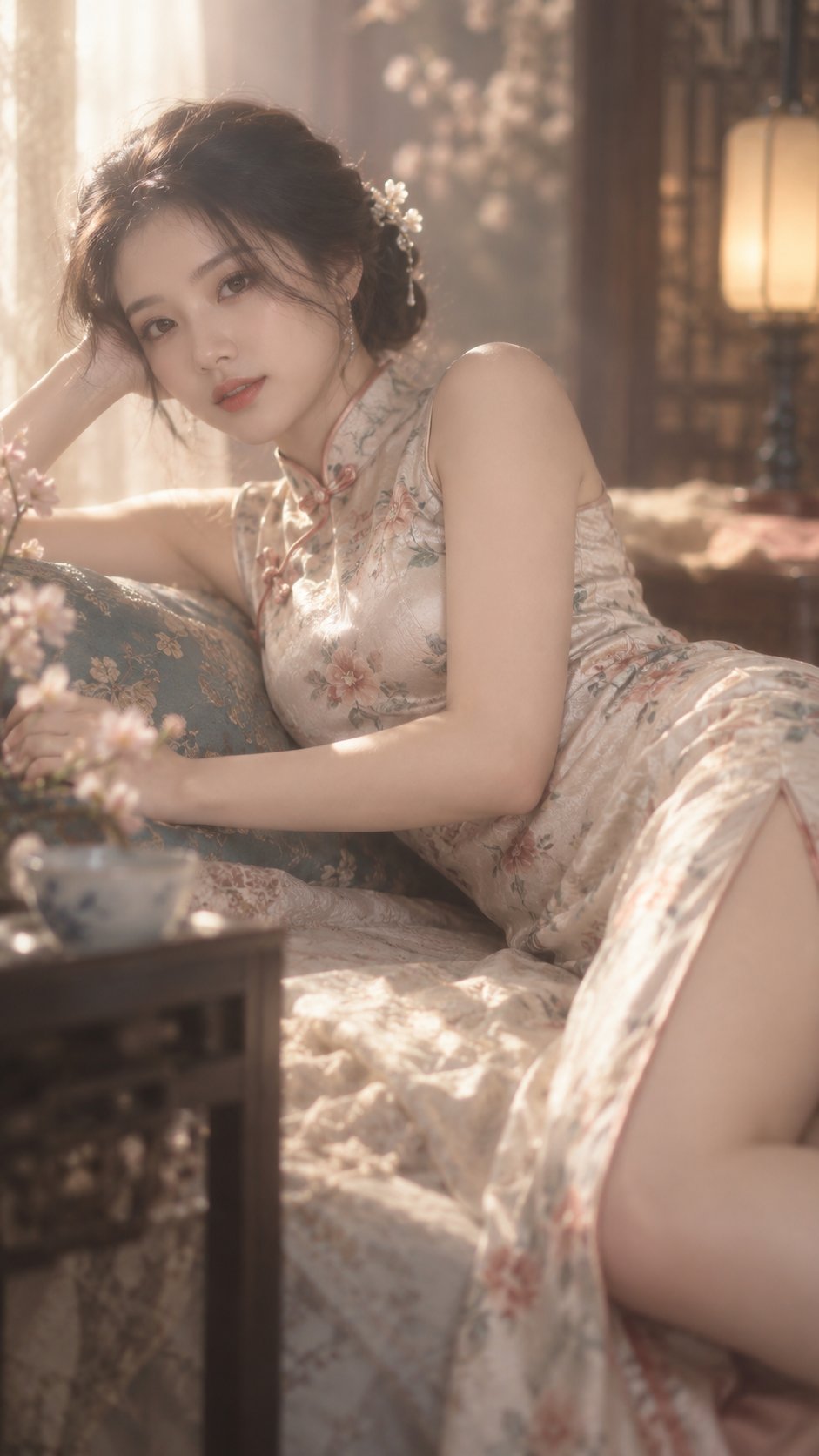 9:16, qipao, overflowing soft light, blurry, lying on the si