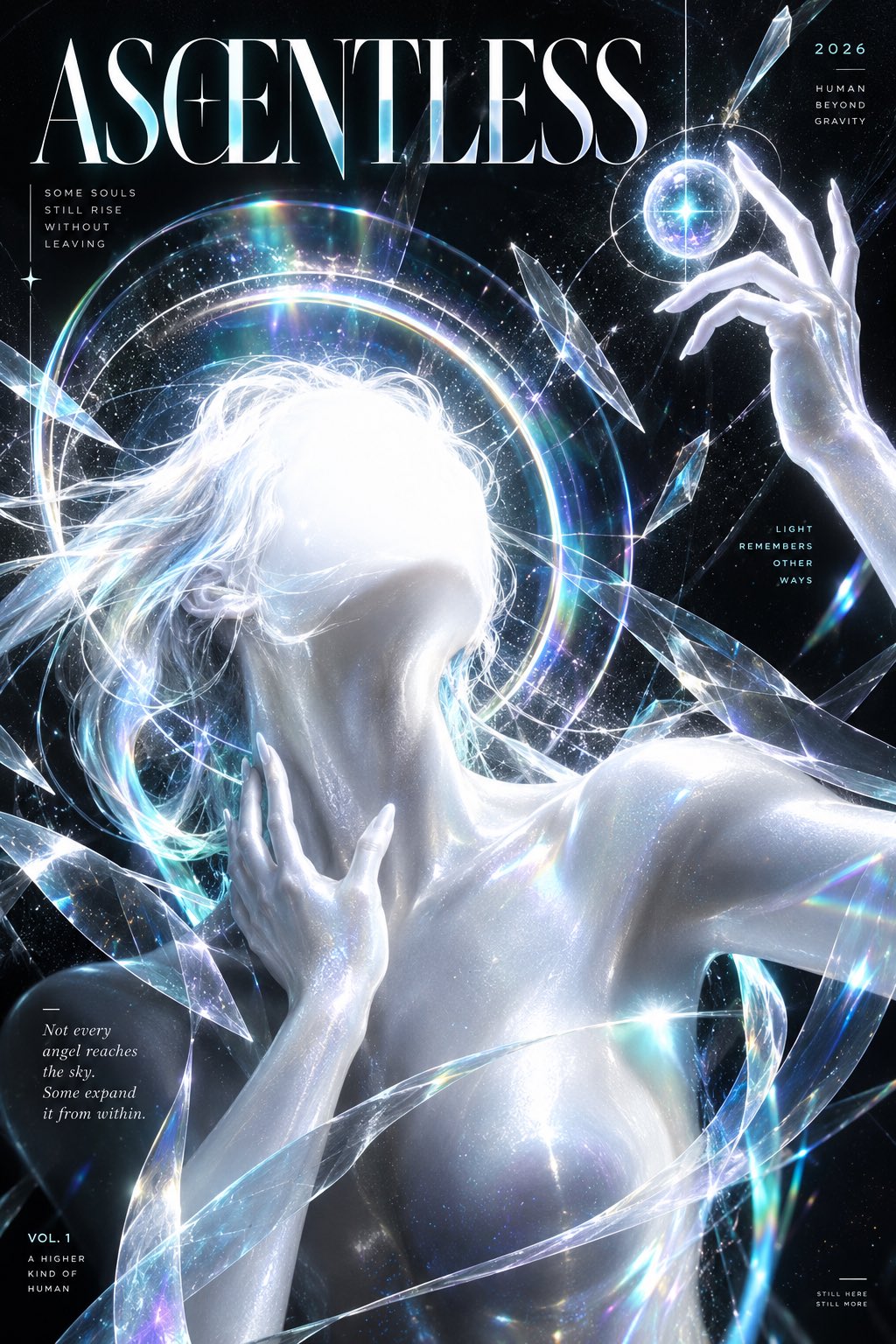 2:3 竖版海报,luminous cosmic editorial poster,成年 faceless humano