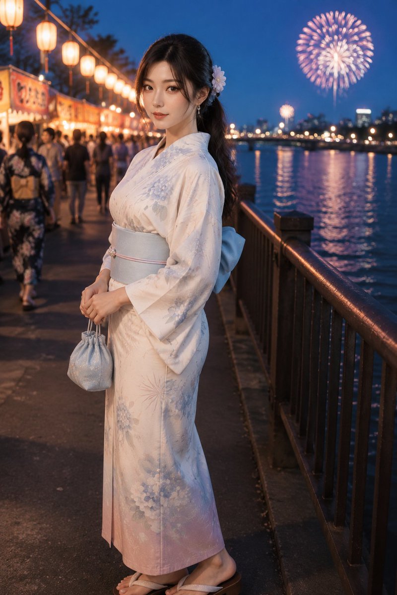 烟火在她的眼睛里缓缓绽开,浅色浴衣收住了夏夜的风。