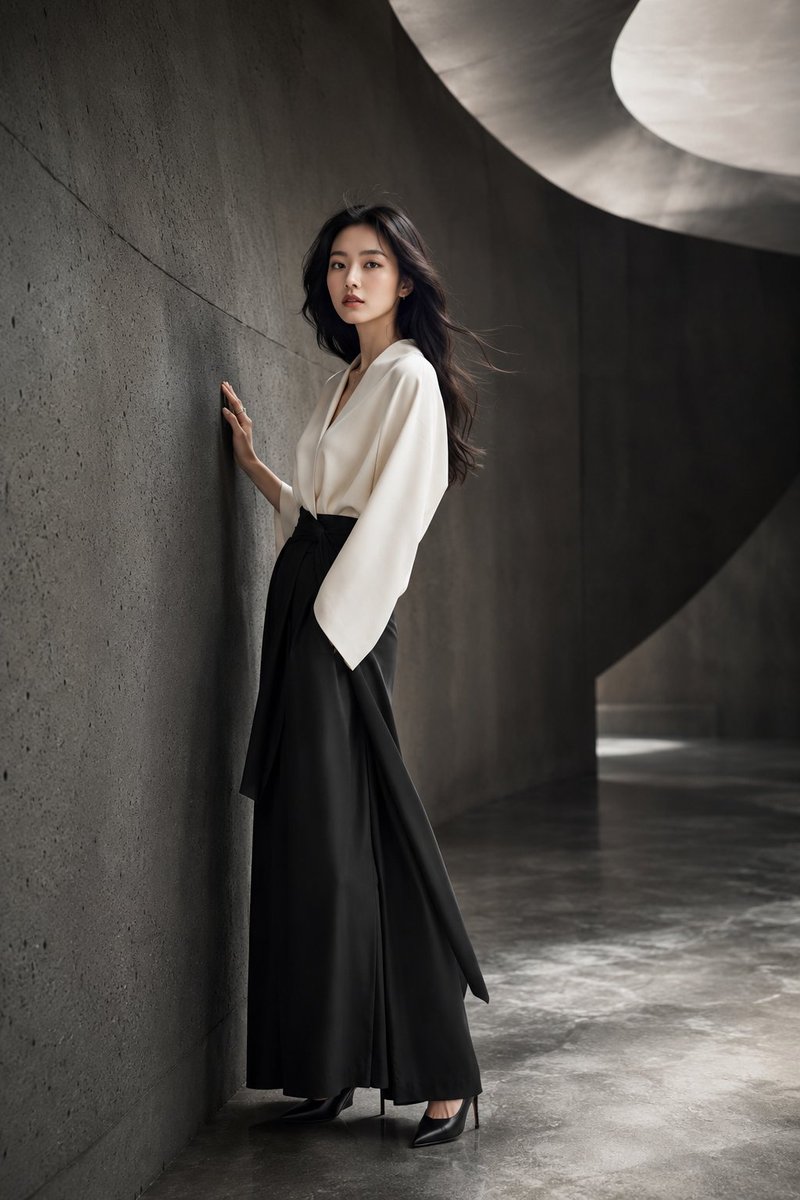 A stunning young Japanese woman in a high-end fashion studio
