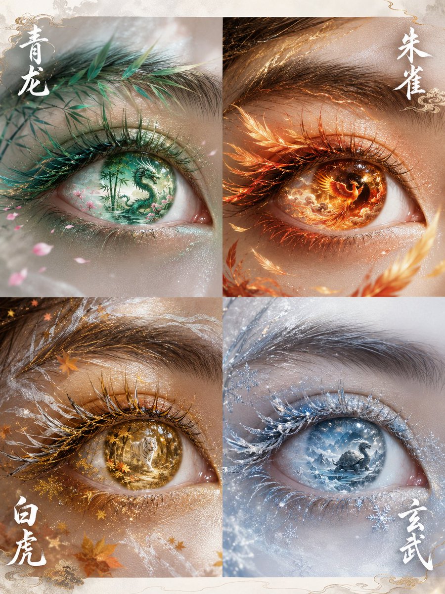 以眼部特写参考图作为唯一人物眼睛参考，生成一张 3:4 四屏构图东方幻想艺术眼眸写真。 四个画面分别代表中国传统四象：青